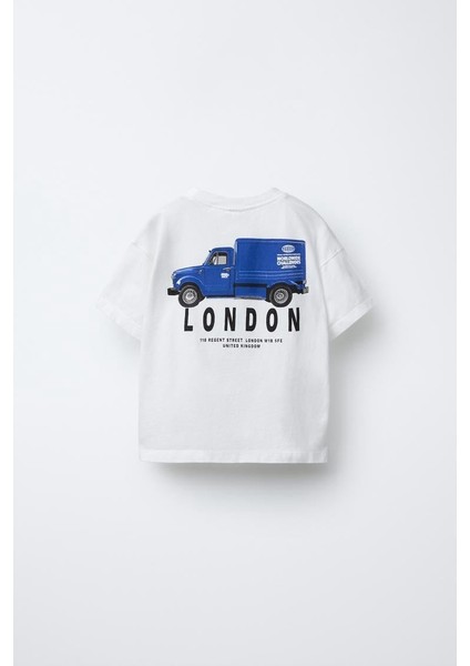 Erkek Çocuk Pamuklu Beyaz London Kamyon Baskılı T-Shirt - Şehir Temalı