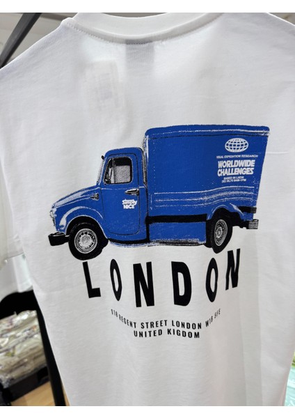 Erkek Çocuk Pamuklu Beyaz London Kamyon Baskılı T-Shirt - Şehir Temalı modelleri
