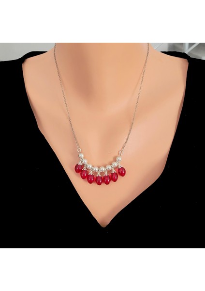 925 Ayar Gümüş Kırmızı Taşlı Kolye