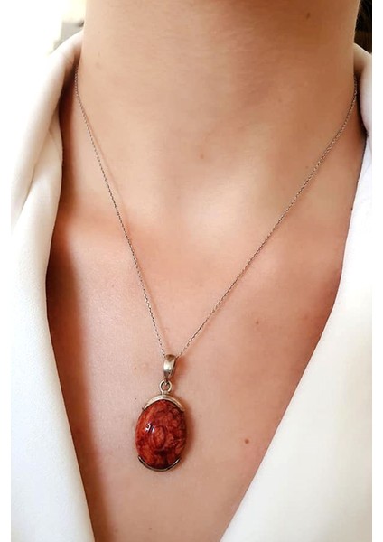 Mercan Taşlı Gümüş Bayan Kolye