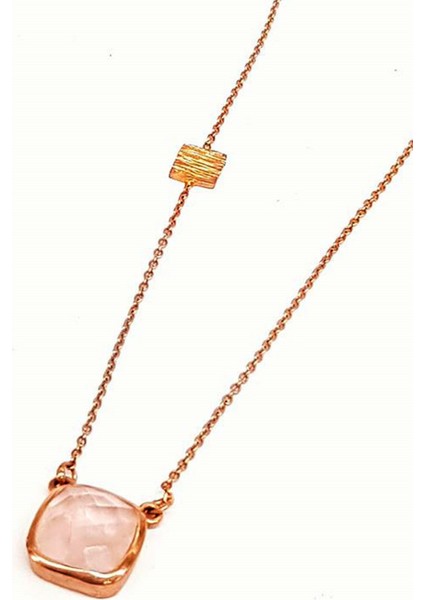 Tasarım Gümüş Üzerine Rose Altın Kaplamalı Pembe Kuvars Taşlı Kolye