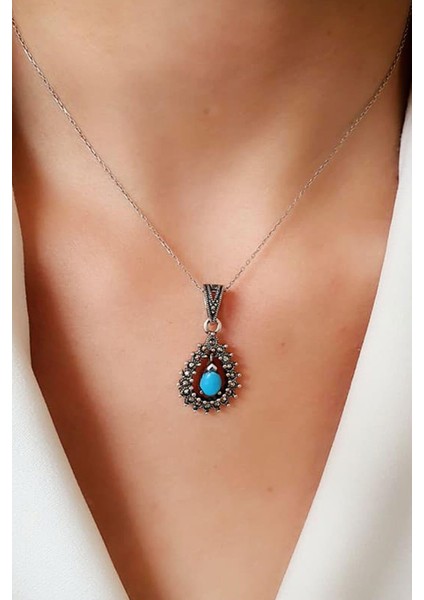 turkuaz taşlı gümüş markazit taş detaylı kolye