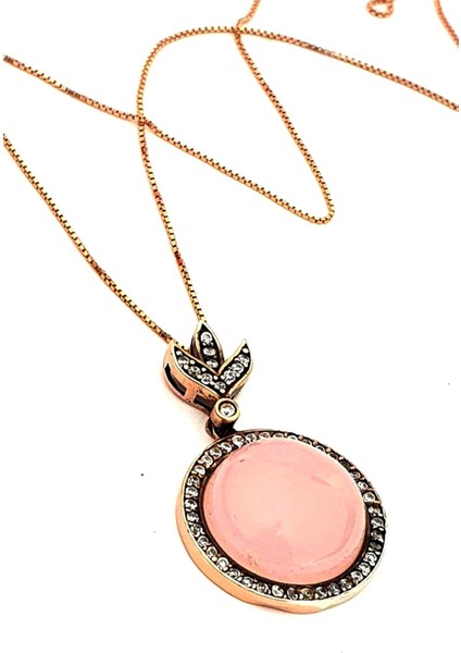 Pembe Kuvars Taşlı Gümüş Rose Kolye