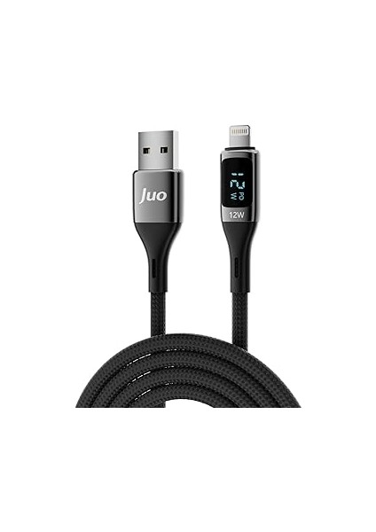 Juo 12W Dijital LED Ekranlı Usb-A To Lightning Iphone Ipad Örgülü Hızlı Şarj ve Data Kablosu 2 Metre