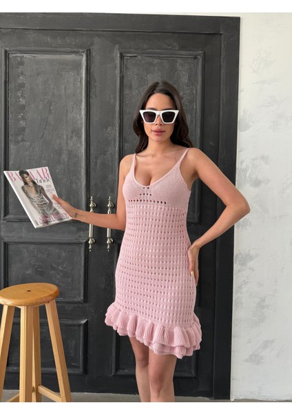 Kadın Pembe Askılı Fırfır Detaylı Triko Mini Elbise Yazlık Örgü Kadın Elbise