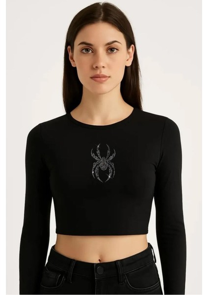 Bozz&bozz Collection Kadın Örümcek Taş Baskılı Bisiklet Yaka Uzun Kollu Fitilli Crop Bluz