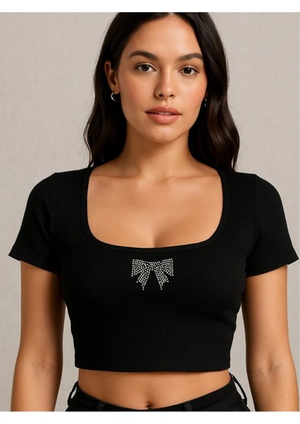 Bozz&bozz Collection Parlak Taş Fiyonk Baskılı Fitilli Crop Bluz