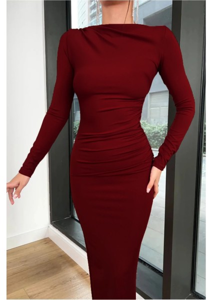 Bozz&bozz Collection Kadın Bordo Soft Touch Drape Detay Maxi Elbise