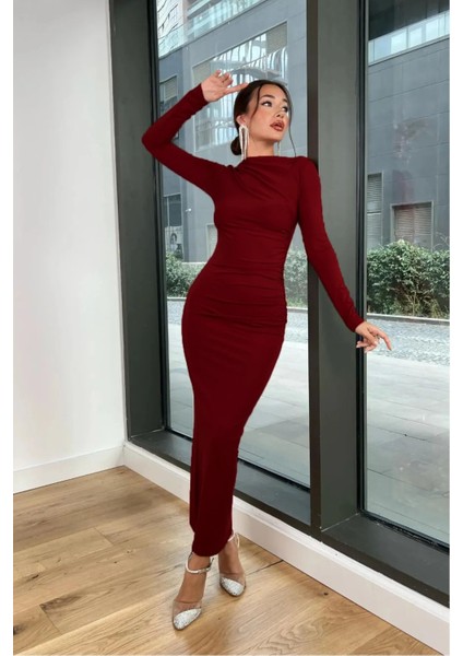 Bozz&bozz Collection Kadın Bordo Soft Touch Drape Detay Maxi Elbise fiyatları