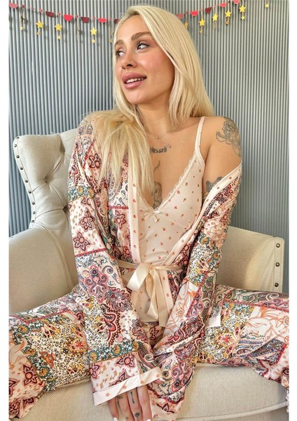 Somon Flore Exclusive Örme Sabahlıklı Kadın Pijama Takımı