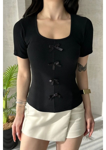 Bozz&bozz Collection Kurdele Detaylı, Kare Yaka, Kısa Kollu, Fitilli Örme, Crop, Bluz