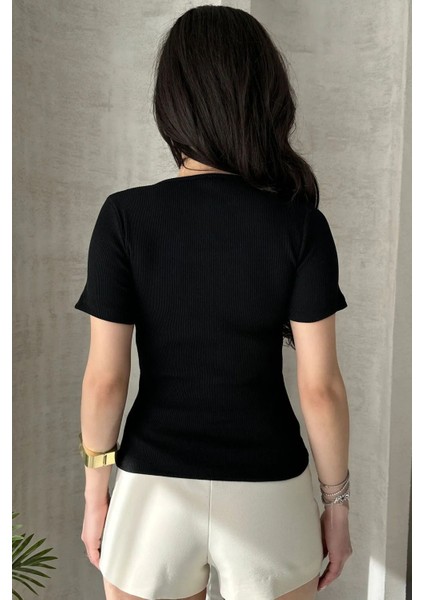 Bozz&bozz Collection Kurdele Detaylı, Kare Yaka, Kısa Kollu, Fitilli Örme, Crop, Bluz modelleri