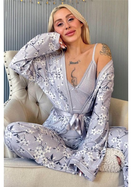 Gri Flore Exclusive Örme Sabahlıklı Kadın Pijama Takımı