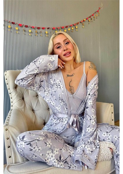 Gri Flore Exclusive Örme Sabahlıklı Kadın Pijama Takımı