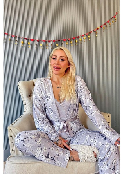 Gri Flore Exclusive Örme Sabahlıklı Kadın Pijama Takımı