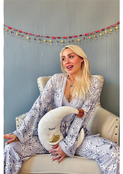 Gri Flore Exclusive Örme Sabahlıklı Kadın Pijama Takımı