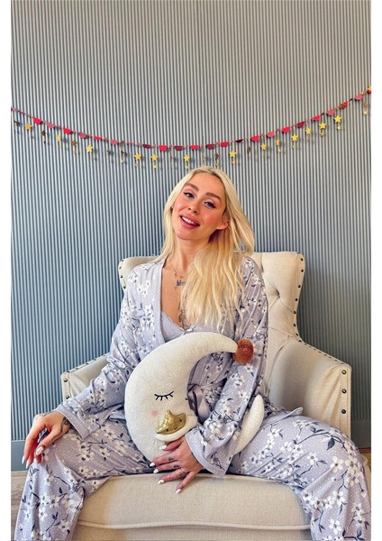 Gri Flore Exclusive Örme Sabahlıklı Kadın Pijama Takımı
