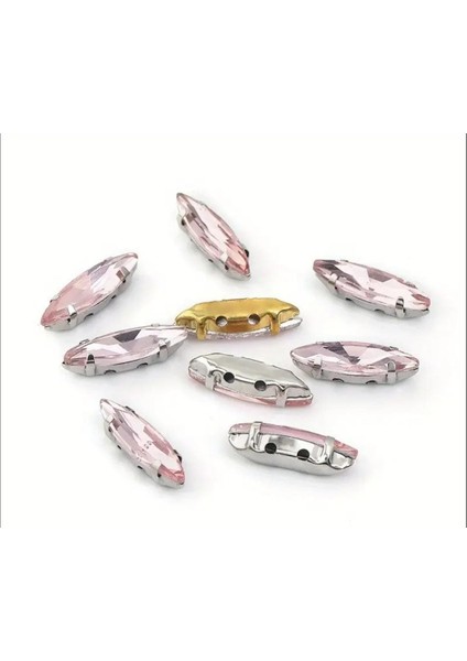 20 Adet 4x15(1.5cm) Mekik Gümüş Kasa Pembe Dikme Cam Taş