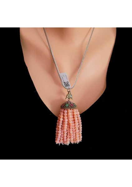 925 Ayar Gümüş rodelite Taşlı Uzun Püskül Kolye