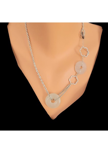 925 Ayar Gümüş Çiçekli pembe Quartz ve Aytaşı Kolye
