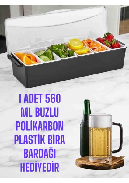 6 Gözlü Sunumluk, Kuruyemişlik,baharatlık,konteynır Bar ( 1 Adet 560 ml Buzlu Görünümlü Polikarbon Plastik Arjantin Bira Bardağı Hediyedir )
