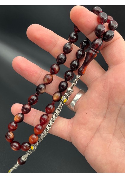 Arpa Kesim Sıkma Kehribar Tesbih 9X12 mm Kahverengi Bordo Geçişli – SK460230.190425