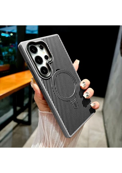 Samsung Galaxy S24 Ultra Uyumlu Kılıf Zebana Best Karbon Fiber Kılıf (Kablosuz Şarj Destekli) Gri