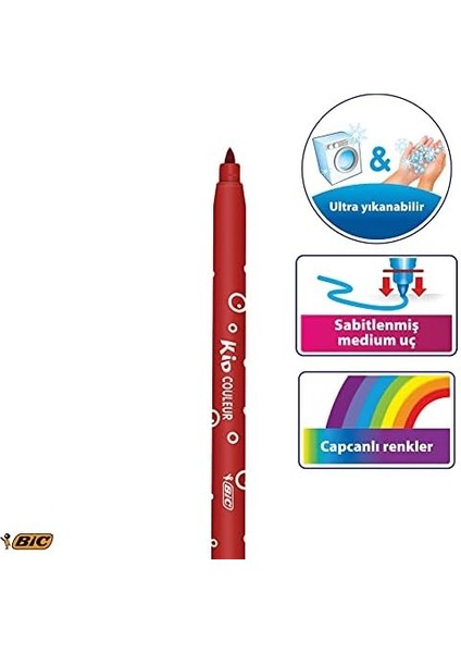 Kids Kid Couleur Ultra Yıkanabilir Keçeli Boya Kalemi 12 Renk, Kolayca Çoğu Kumaştan Çıkar, Su Bazlı Keçeli Kalem