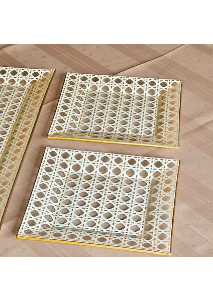 Boabab Kare Opal Altın Yaldızlı Baton Tepsi + 2 Adet Pasta Tabağı