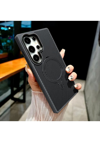 Samsung Galaxy S24 Ultra Uyumlu Kılıf Zebana Best Karbon Fiber Kılıf (Kablosuz Şarj Destekli) Siyah