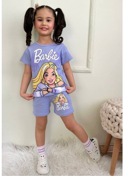 Pjkskt Barbie Desenli Lila Şortlu Kız Çocuk Kısa Kol Takım 7565-L