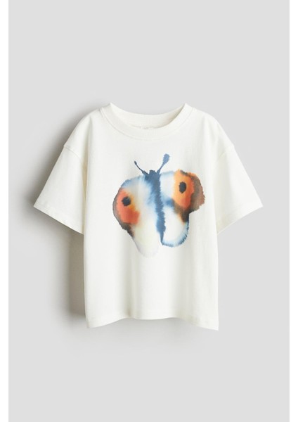 Kız Çocuk Pamuklu Ekru Suluboya Kelebek Desenli T-Shirt