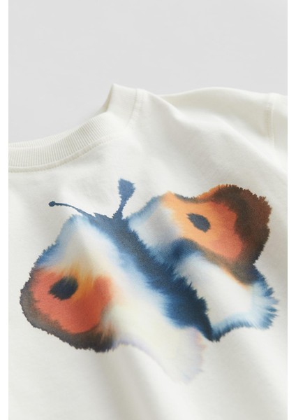 Kız Çocuk Pamuklu Ekru Suluboya Kelebek Desenli T-Shirt