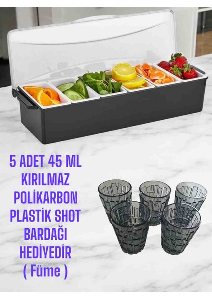 6 Gözlü Sunumluk, Kuruyemişlik, Baharatlık, Konteynır Bar ( 5 Adet 45 ml ,polikarbon Plastik Füme Rengi Shot Bardağı Hediyelidir)