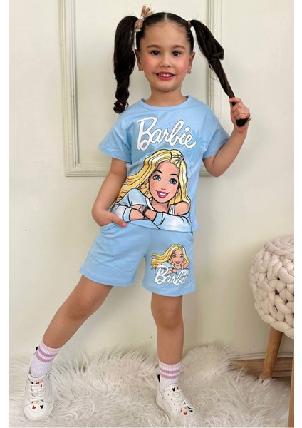 Pjkskt Barbie Desenli Mavi Şortlu Kız Çocuk Kısa Kol Takım 7565-M