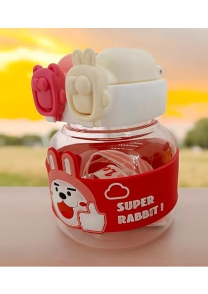 Tavşan Su Matarası Boyun Askılı Suluk Renkli Çizgi Film ve Desenli Karakterler Çocuklara Özel Taşıması Kolay Okulda Piknikde Kullanıma Uygun 1 Litre Crk3 (Pembe)