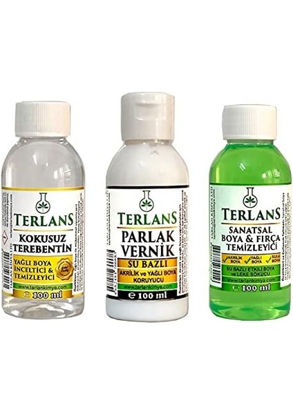 Yağlı Boya Seti Yardımcı Malzemeler 3X100 ml Terebentin - Vernik - Boya Temizleyici