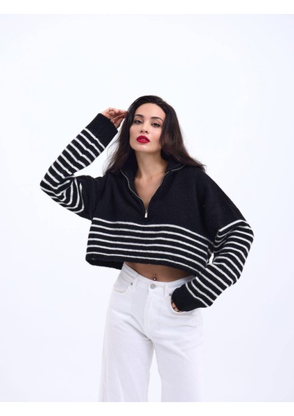43311 Triko Çizgili Fermuarlı Crop-Siyah-Ekru
