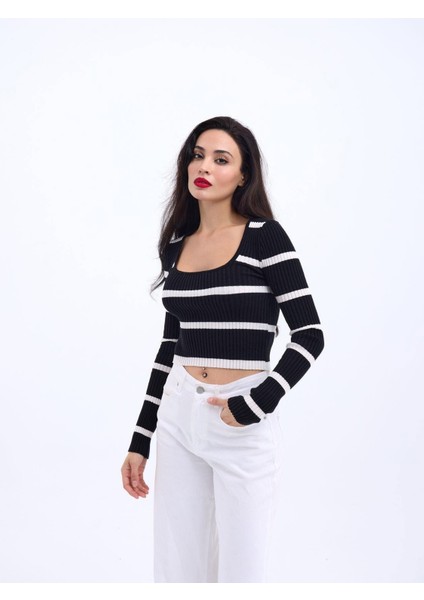 42221 Triko Çizgili Fitilli Crop-Siyah-Ekru