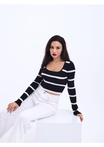 42221 Triko Çizgili Fitilli Crop-Siyah-Ekru