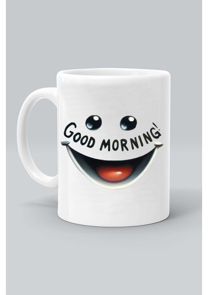 Emoji Gülen Yüz Adam Good Mornıng Günaydın Baskılı Beyaz Kupa Bardak