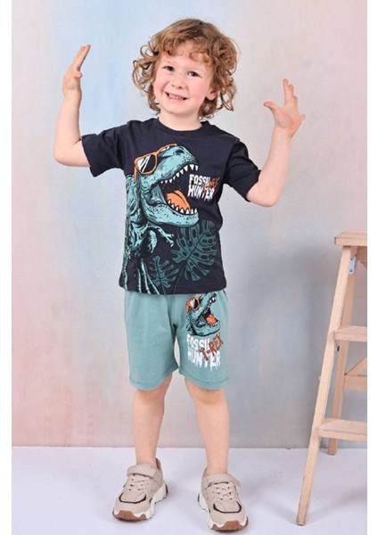 Pjkskt Dinozor Desenli Yeşil Şortlu Erkek Çocuk Kısa Kol Takım 7590-Y