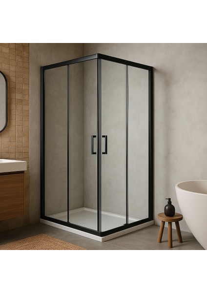 Paslanmaz Siyah Alüminyum Çerçeveli 6 mm Temperli Şeffaf Cam H:190 cm Duşakabin