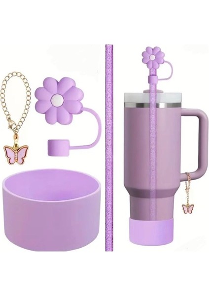 39 - 40 Oz Pipetli Termos Aksesuar Seti Silikon Taban Koruyucu, Pipet Kapağı, Charm