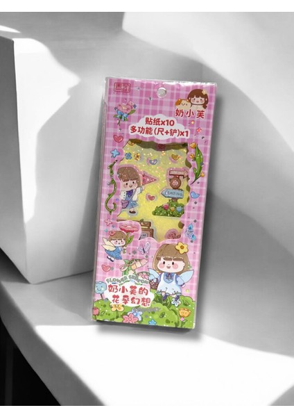 Sevimli Karakter Çiçekli Sticker Seti, 10 Yapışkanlı Etiket, Çok Amaçlı Cetvel
