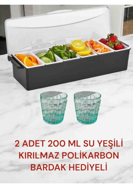6 Gözlü Sunumluk, Kuruyemişlik, Baharatlık, Konteynır Bar ( 2 Adet 200 ml Su Yeşili Kırılmaz Polikarbon Bardak Hediyeli...)