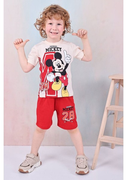 Pjkskt Mickey Mause Desenli Kırmızı Şortlu Erkek Çocuk Kısa Kol Takım 7597-K