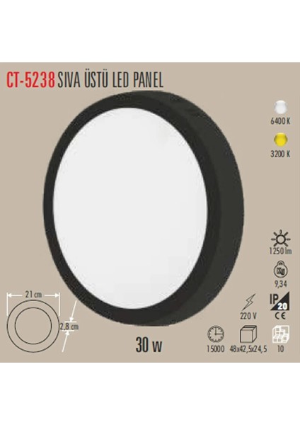 30W Yuvarlak Sıva Üstü LED Armatür Siyah Kasa Beyaz Işık CT-5238 fiyatları