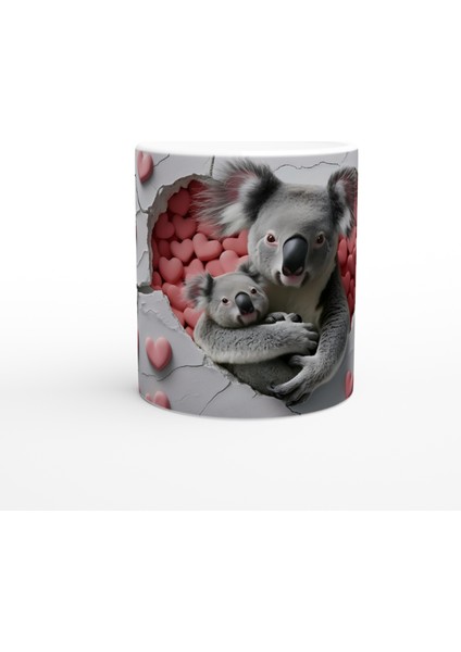 Kalp Dolu Sevgiyle Sarılmış Koala Temalı Baskılı Kupa Bardak