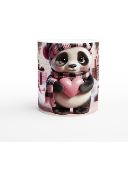Kalpli Hediye Tutan Sevimli Panda Temalı Baskılı Kupa Bardak